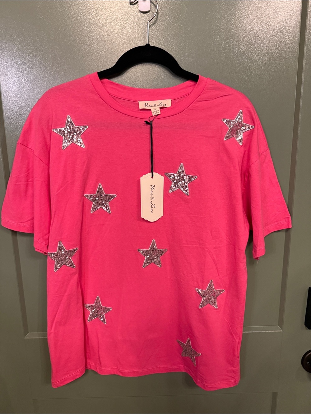 Vine & Love Hot Pink Tee with Silver Sequin Stars